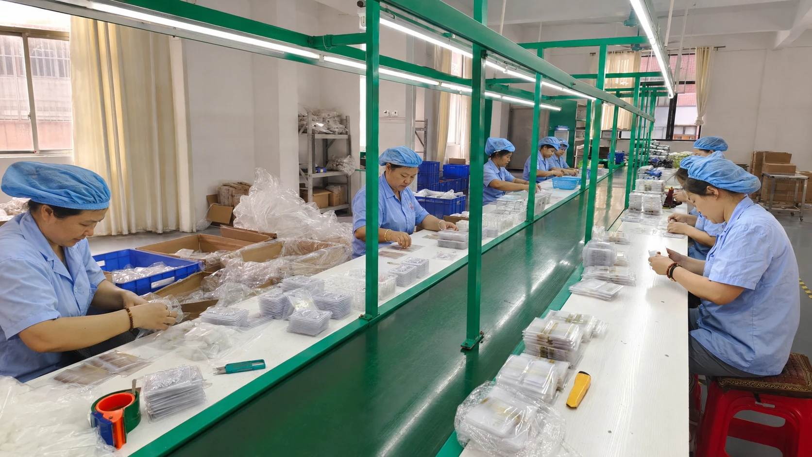 Workers cleaning and packing completed products