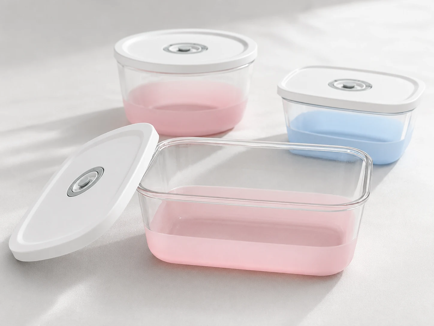 Pastel silicone-coated glass containers representing an antibacterial material direction under development